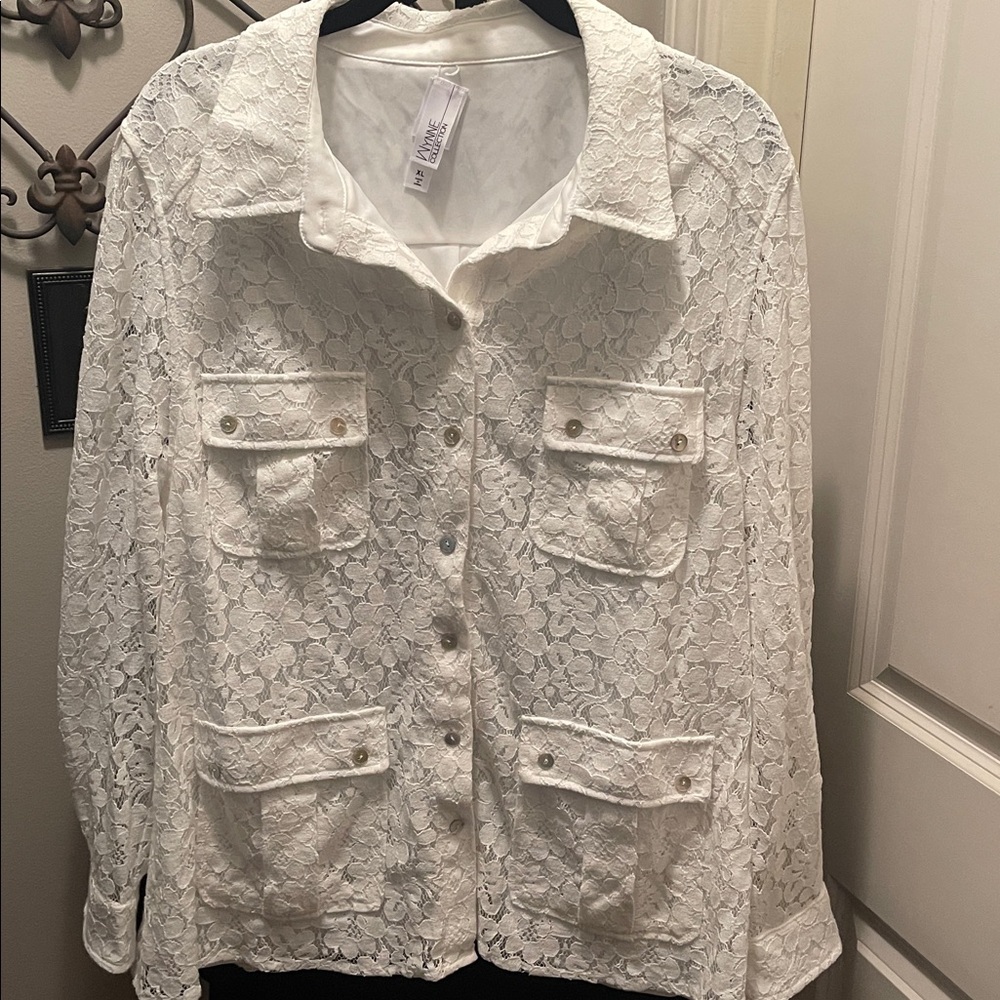 Wynne Collection White Lace Button-Up Blouse-XL-NWOT